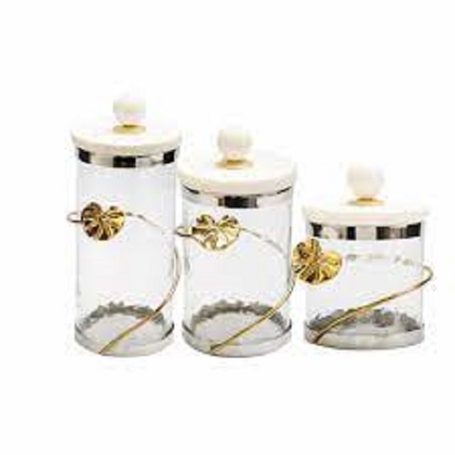 Decorative Metal And Glass Gold Plated Glass Canister With marble Lid with metal knob For Kitchen Decoration storage canister