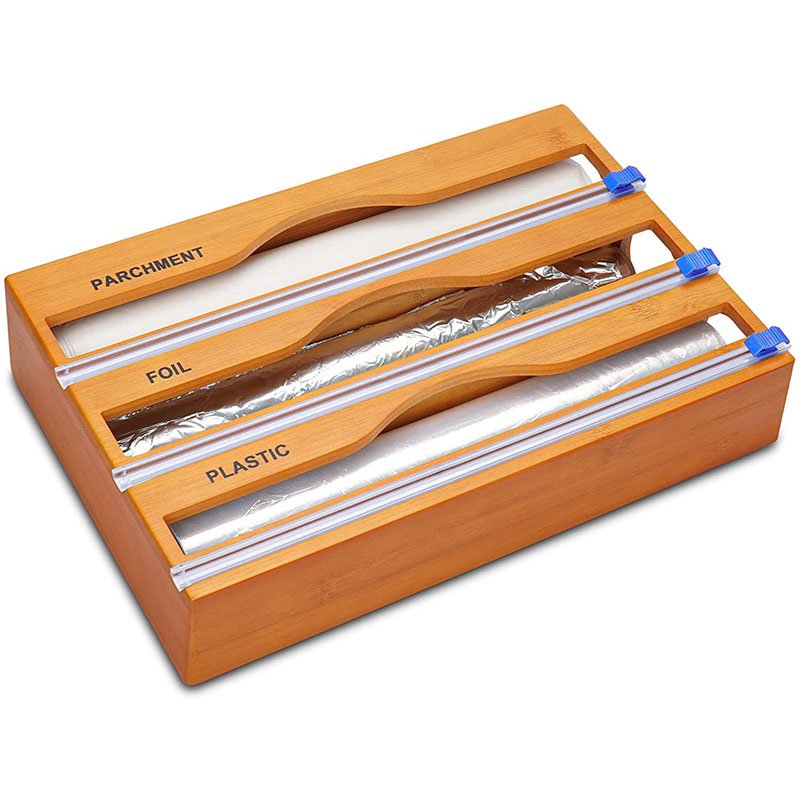 3-in-1 Storage Dispenser for Aluminum Foil & Cling Film & Parchment Paper Bamboo Plastic Wrap Dispenser with Slide Cutter