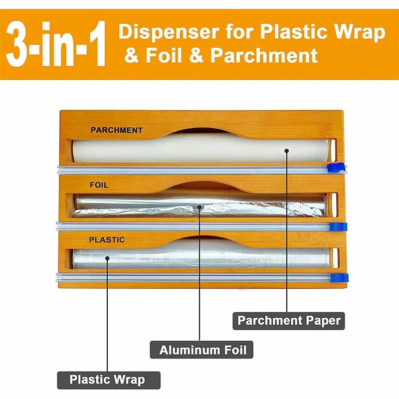 3-in-1 Storage Dispenser for Aluminum Foil & Cling Film & Parchment Paper Bamboo Plastic Wrap Dispenser with Slide Cutter