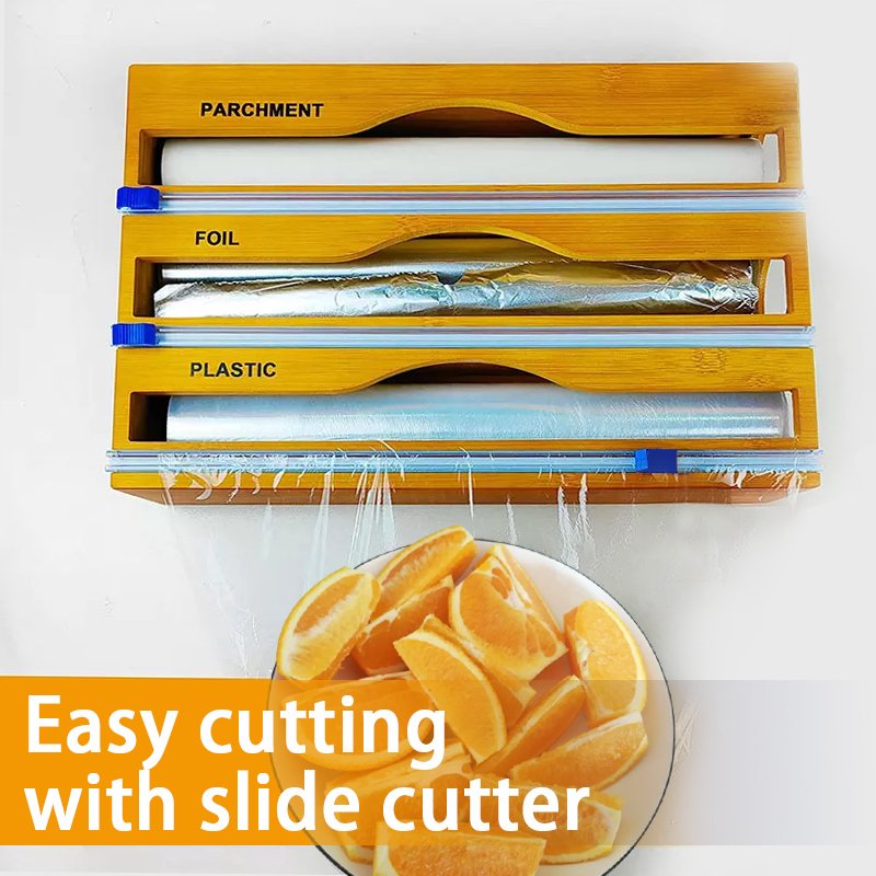 3-in-1 Storage Dispenser for Aluminum Foil & Cling Film & Parchment Paper Bamboo Plastic Wrap Dispenser with Slide Cutter