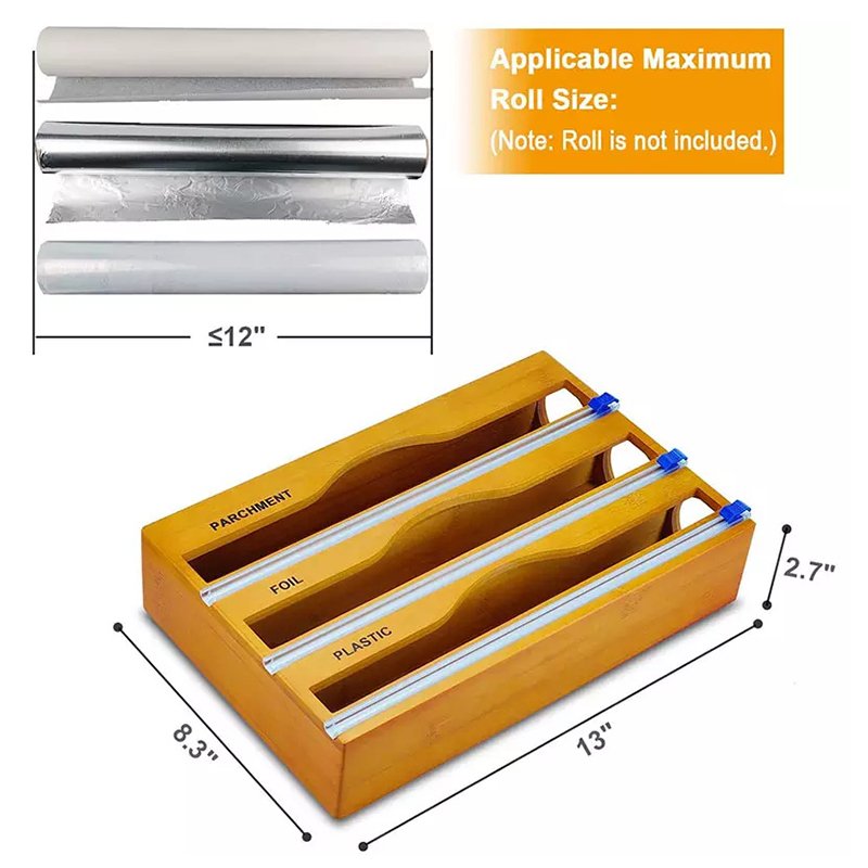 3-in-1 Storage Dispenser for Aluminum Foil & Cling Film & Parchment Paper Bamboo Plastic Wrap Dispenser with Slide Cutter