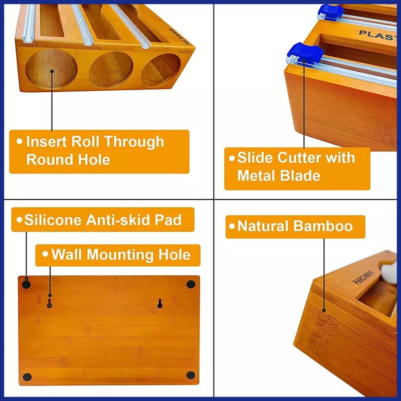 3-in-1 Storage Dispenser for Aluminum Foil & Cling Film & Parchment Paper Bamboo Plastic Wrap Dispenser with Slide Cutter