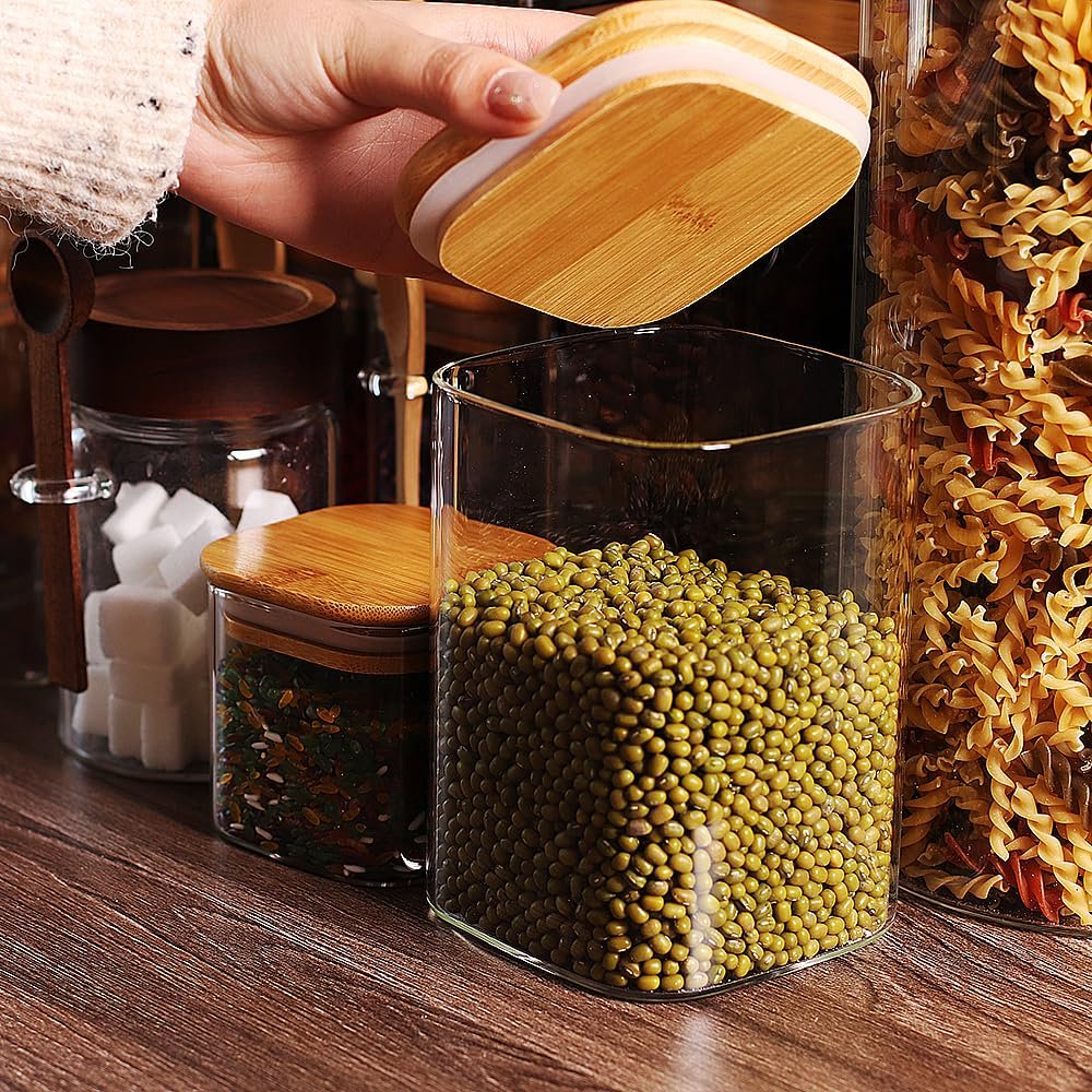 High Quality Glass Food Storage Canister Square Glass Jar with Bamboo Lids For Pantry Coffee Flour Noodles Pasta Cereal