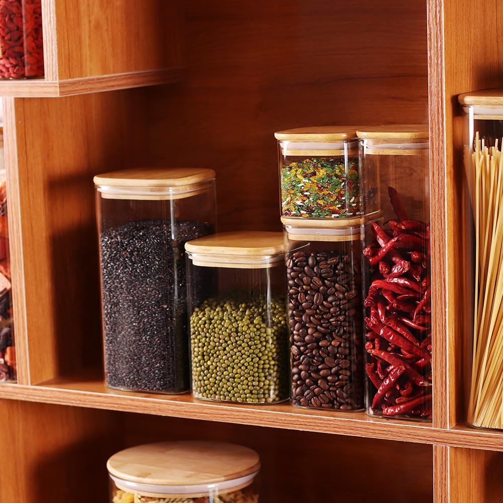 High Quality Glass Food Storage Canister Square Glass Jar with Bamboo Lids For Pantry Coffee Flour Noodles Pasta Cereal