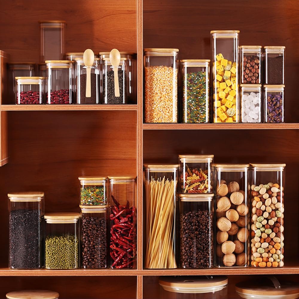 High Quality Glass Food Storage Canister Square Glass Jar with Bamboo Lids For Pantry Coffee Flour Noodles Pasta Cereal