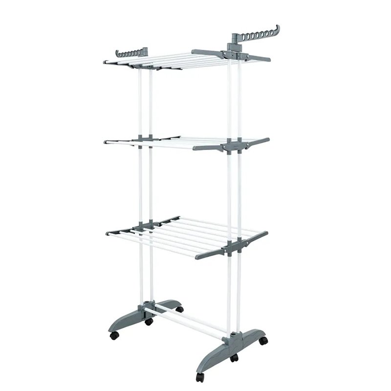 Multifunctional Stainless Steel Three Rail Collapsible Laundry Dryer Hanger Stand Cloth Storage On Wheels