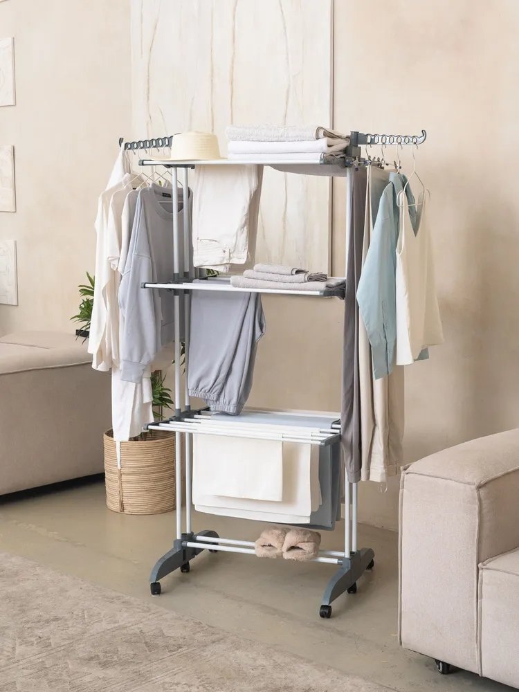 Multifunctional Stainless Steel Three Rail Collapsible Laundry Dryer Hanger Stand Cloth Storage On Wheels