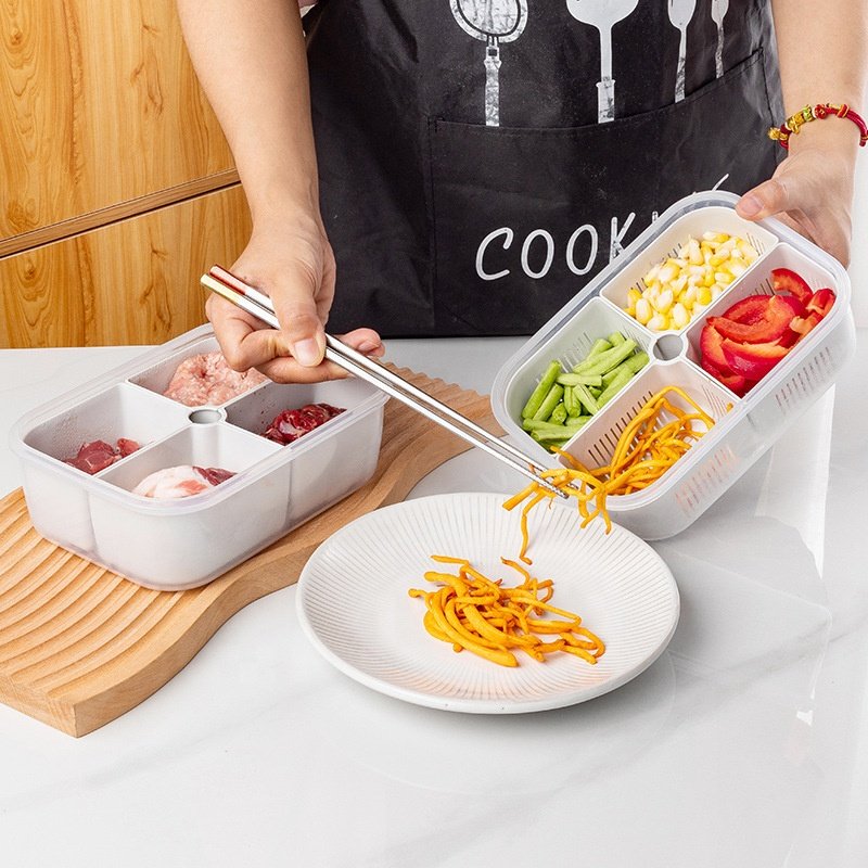 Kitchen fridge organizer microwaveable crisper drain box plastic food storage meal prep containers with removable compartments