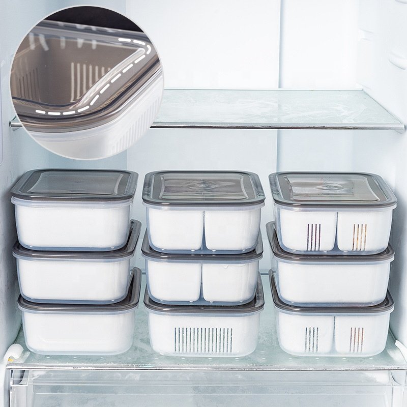Kitchen fridge organizer microwaveable crisper drain box plastic food storage meal prep containers with removable compartments