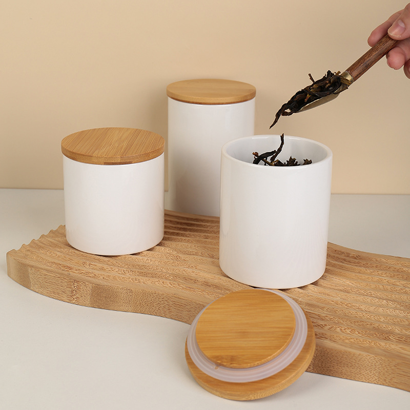 Modern Kitchenware set White Ceramic canister set Round Food Storage Container tea coffee sugar canisters With Bamboo Lid