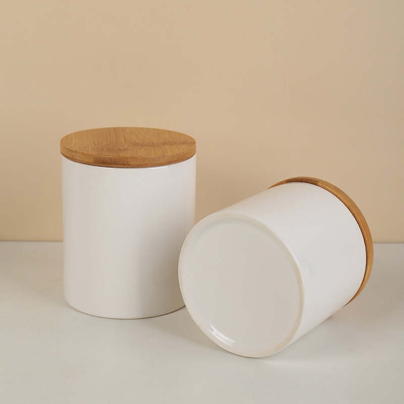 Modern Kitchenware set White Ceramic canister set Round Food Storage Container tea coffee sugar canisters With Bamboo Lid