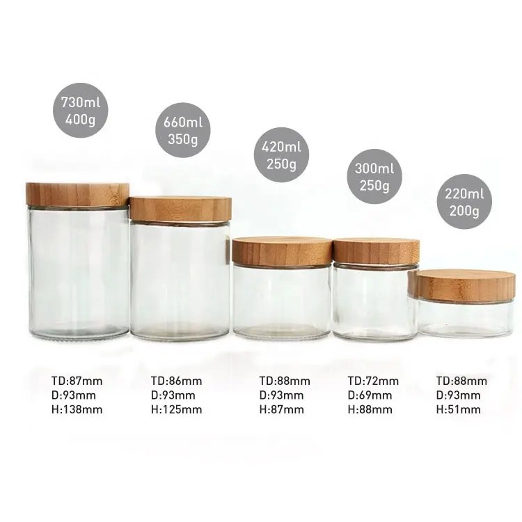 Wholesale airtight food storage honey jar cereals 220ml 300ml 420ml 660ml 730ml customize tiny glass jar with bamboo wooden lids