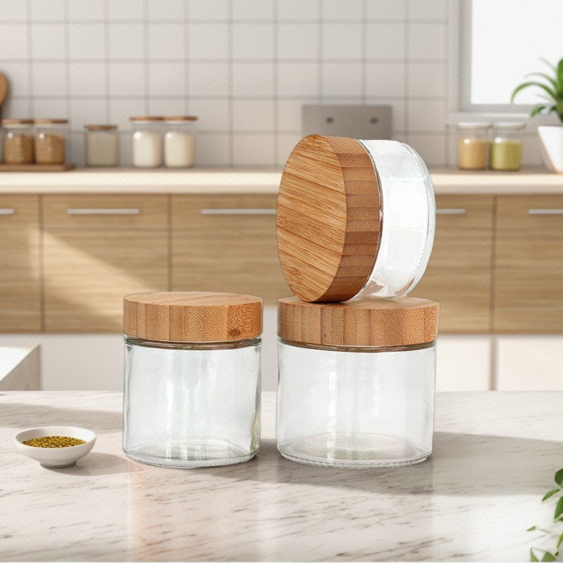 Wholesale airtight food storage honey jar cereals 220ml 300ml 420ml 660ml 730ml customize tiny glass jar with bamboo wooden lids
