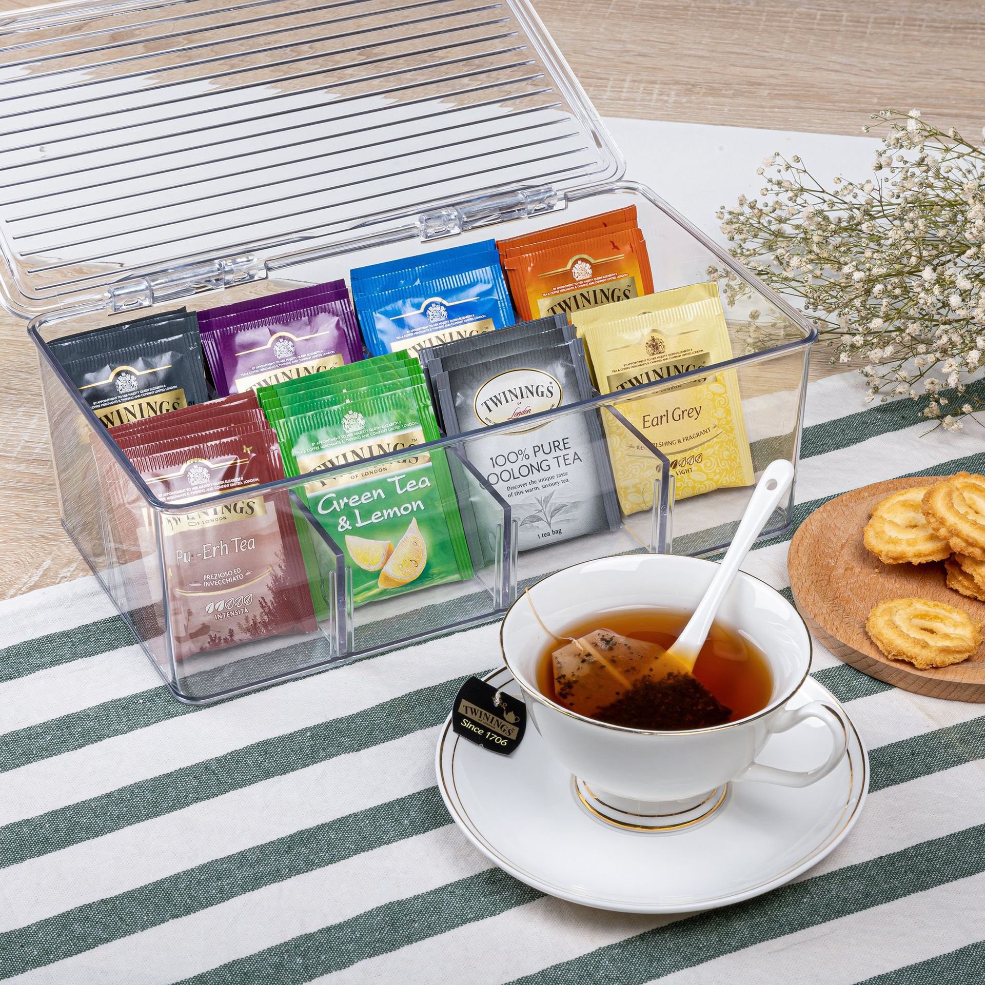 8 Grid Acrylic Dustproof Desktop Tea Bag Storage Box With Cover