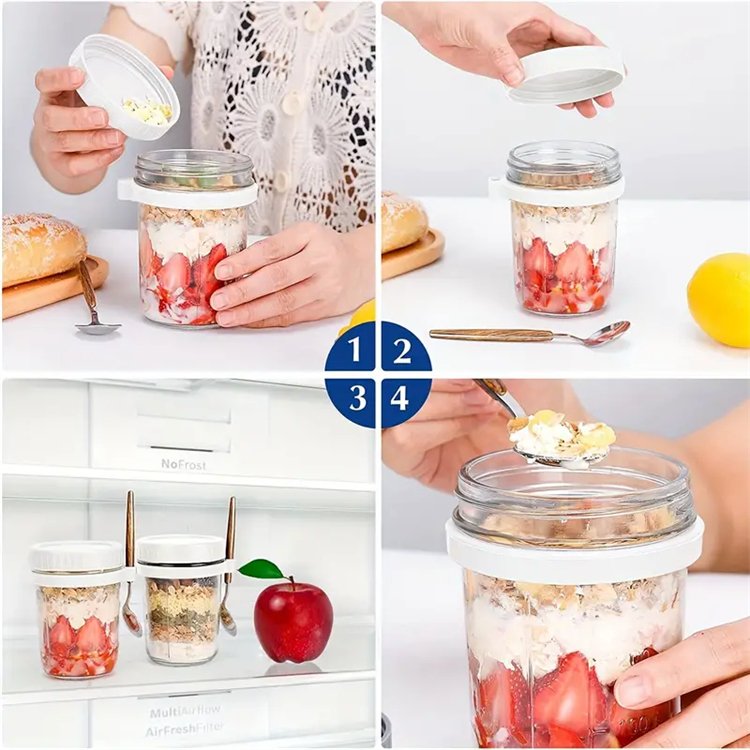 Wholesale Stock 4 sets 16oz Food Storage Tank Mason Jar with Spoon and Lid for Overnight Oats Sealed Mason Jar