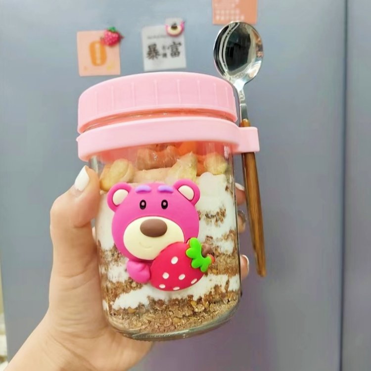 Wholesale Stock 4 sets 16oz Food Storage Tank Mason Jar with Spoon and Lid for Overnight Oats Sealed Mason Jar