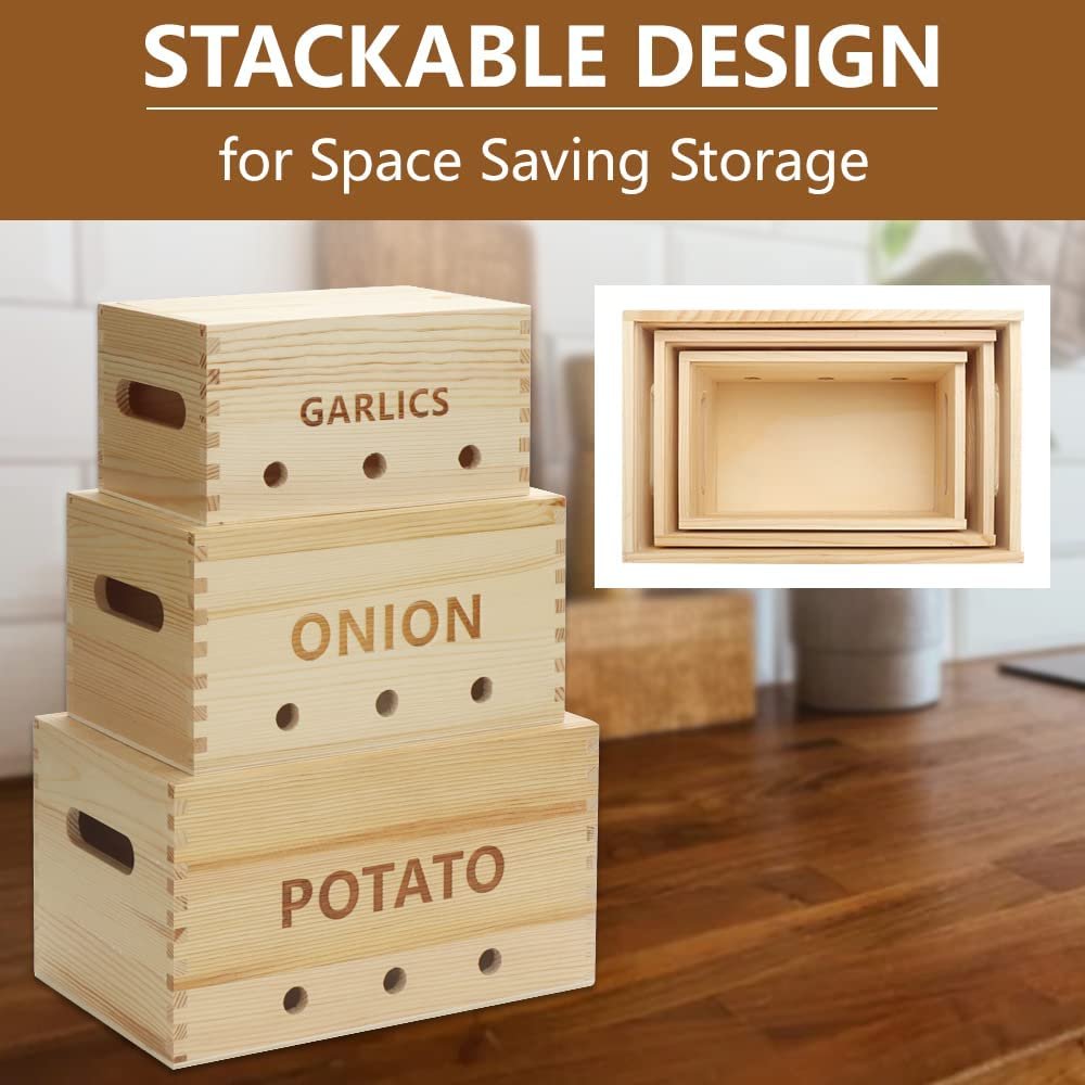 stackable wooden kitchen storage box food container sets potato and onion storage bin with Aerating Holes