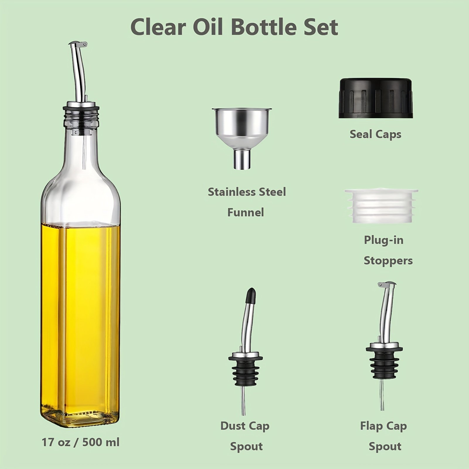 YOLOWE HOME 2pcs 17oz Glass Olive Oil Dispenser Bottle Set 500ml Clear Oil and Vinegar Pour Jar Funnel Label Kitchen Bottle