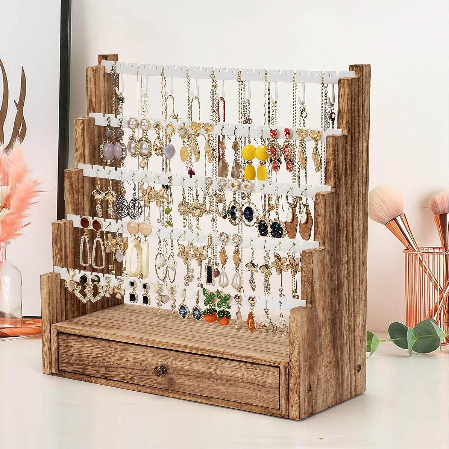 Wooden Jewelry Storage Box Multi-layer Jewelry Case Organizer for Bracelet Earring Necklace