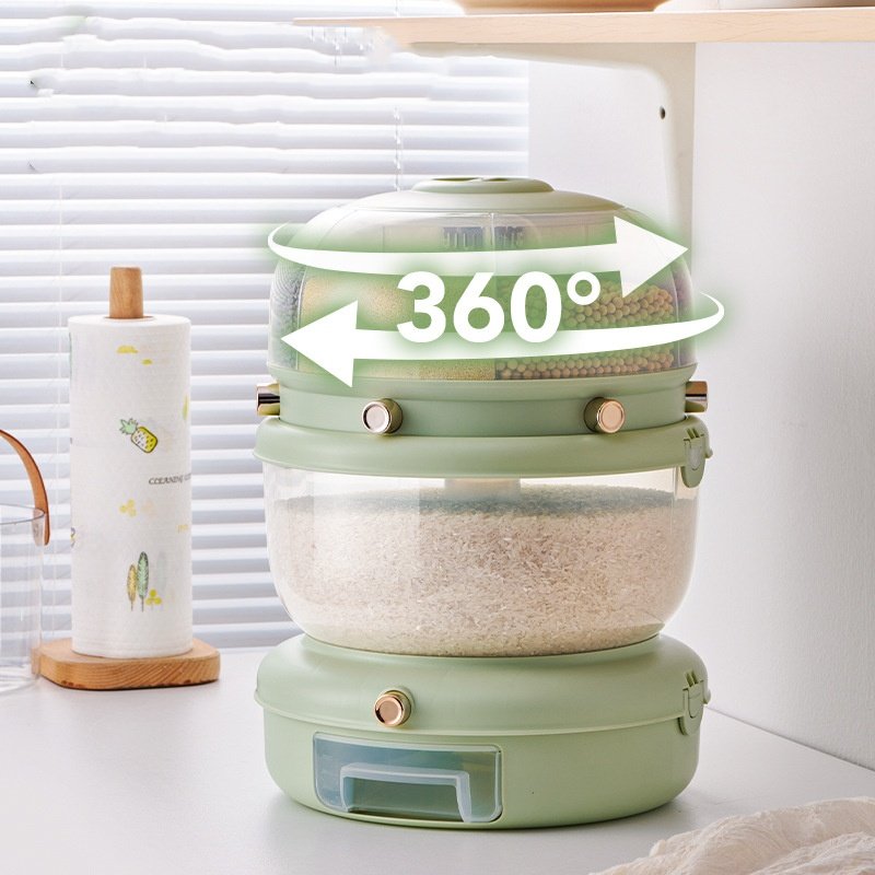 XJH Double Grain Dispenser 360° rotatable cereal box transparent rice bin with 7 individual compartments