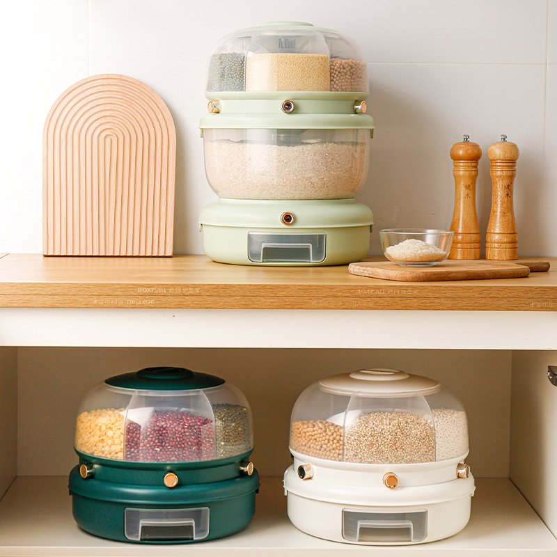 XJH Double Grain Dispenser 360° rotatable cereal box transparent rice bin with 7 individual compartments