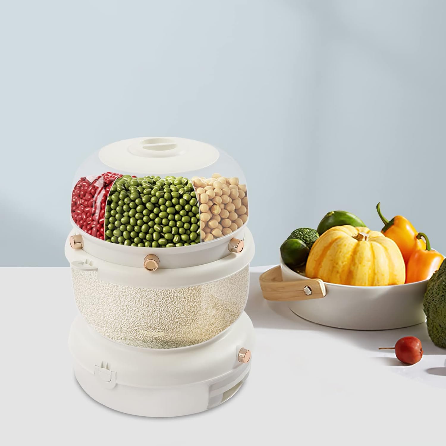XJH Double Grain Dispenser 360° rotatable cereal box transparent rice bin with 7 individual compartments