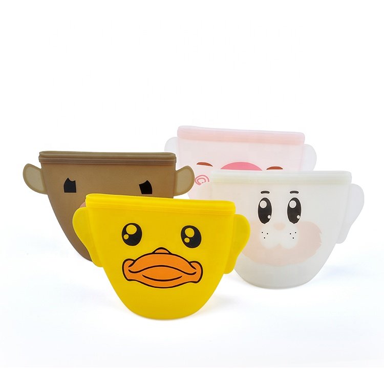 New Design Cartoon Children Snack Pouch Baby Sandwich Snack Container Leakproof Zipper Silicone Food Storage Bags With Zip Lock