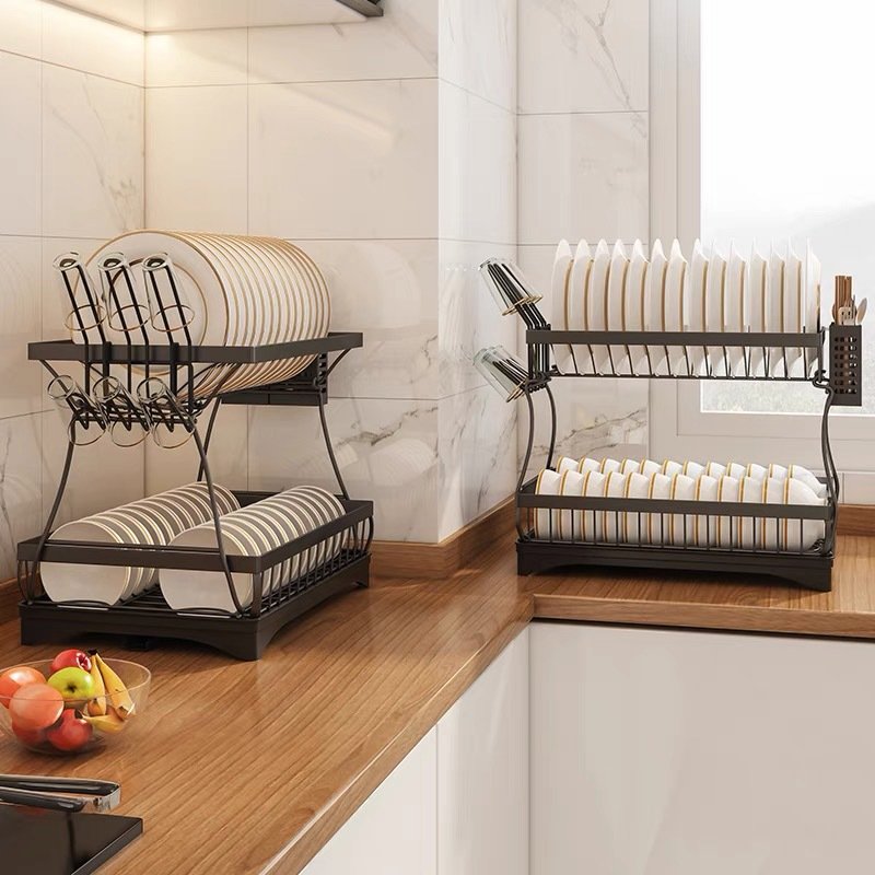 Stainless Steel Kitchen Rack Double-layer Dishes Drain Rack Countertops Put Tableware Dishes Storage Box Household Dish Rack