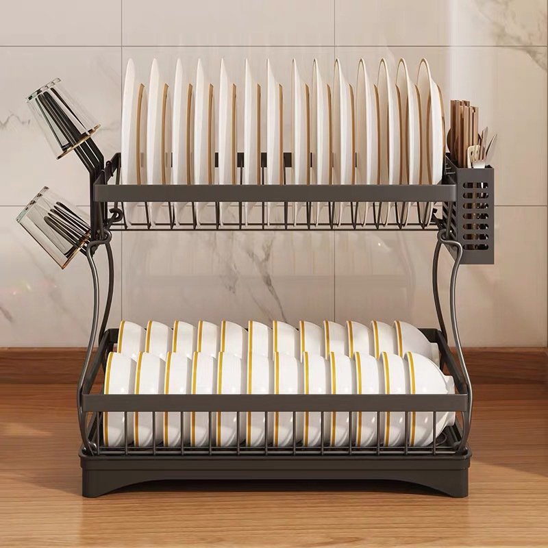 Stainless Steel Kitchen Rack Double-layer Dishes Drain Rack Countertops Put Tableware Dishes Storage Box Household Dish Rack