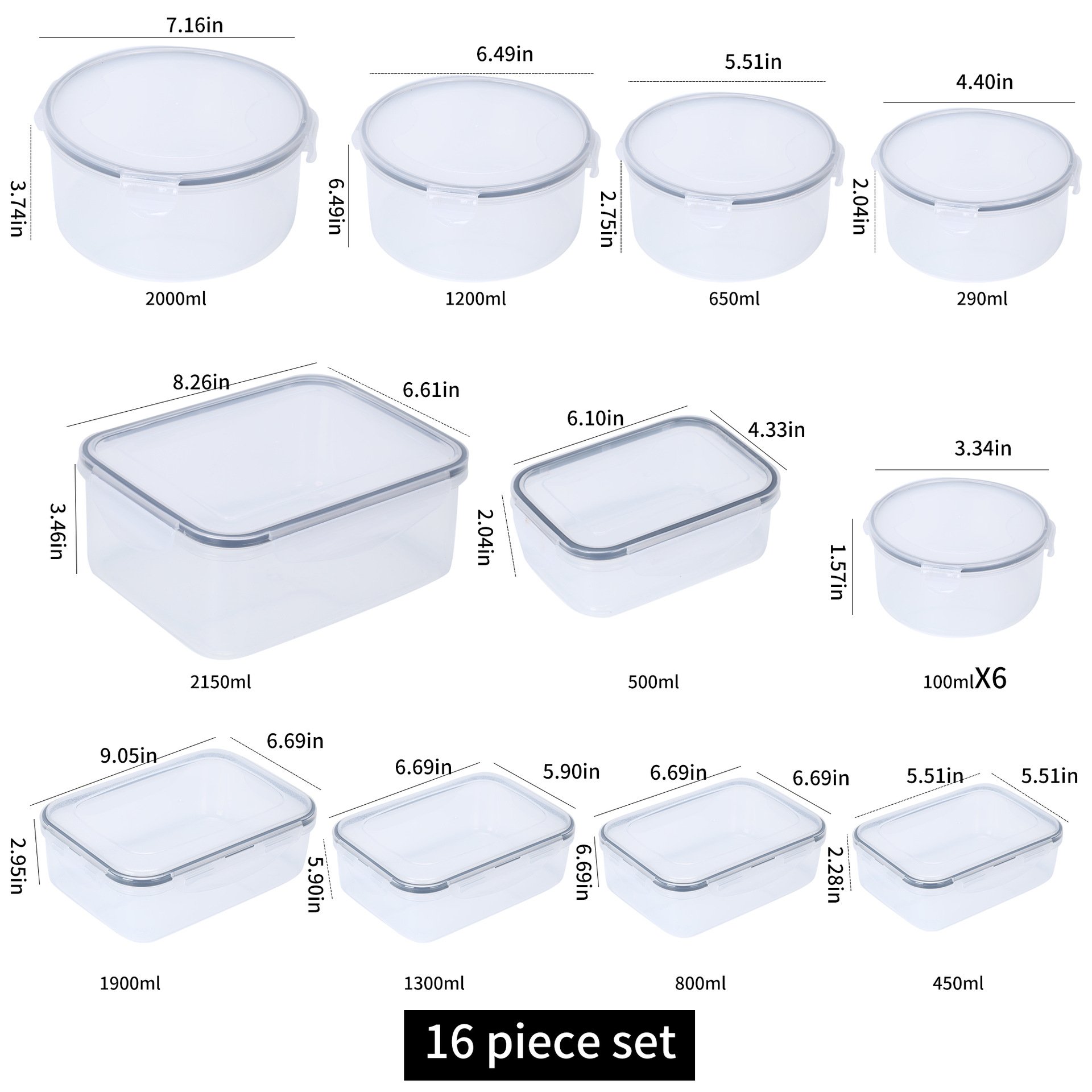 High quality sales 16 pcs set Of Airtight Clear plastic crisper Food Storage Container