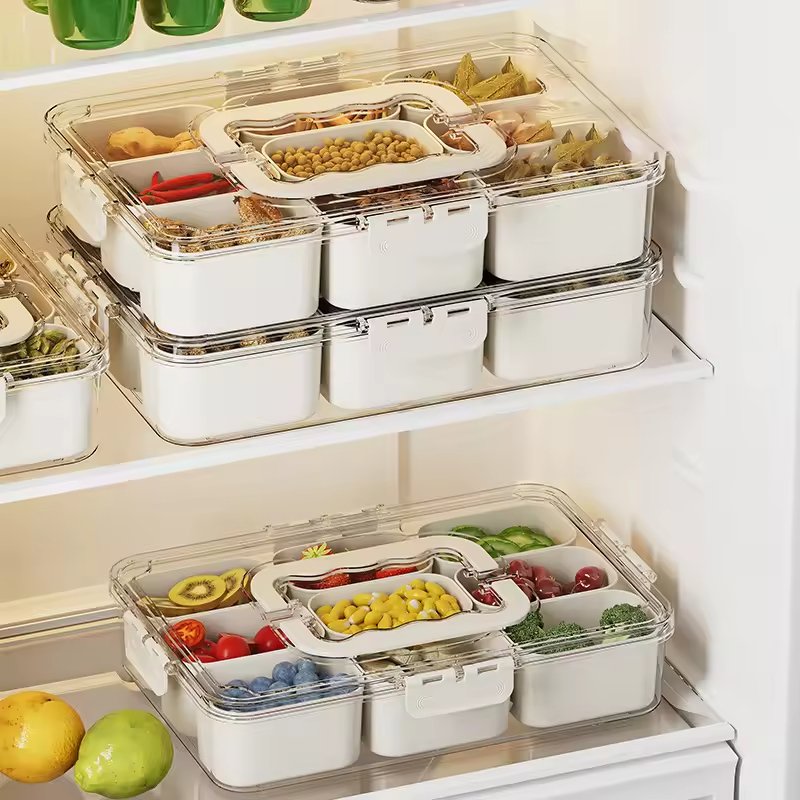 Popular Fridge Storage Box Sealed Plastic Divided With Divider And Lid Serving Veggie Tray Snack Storage Box