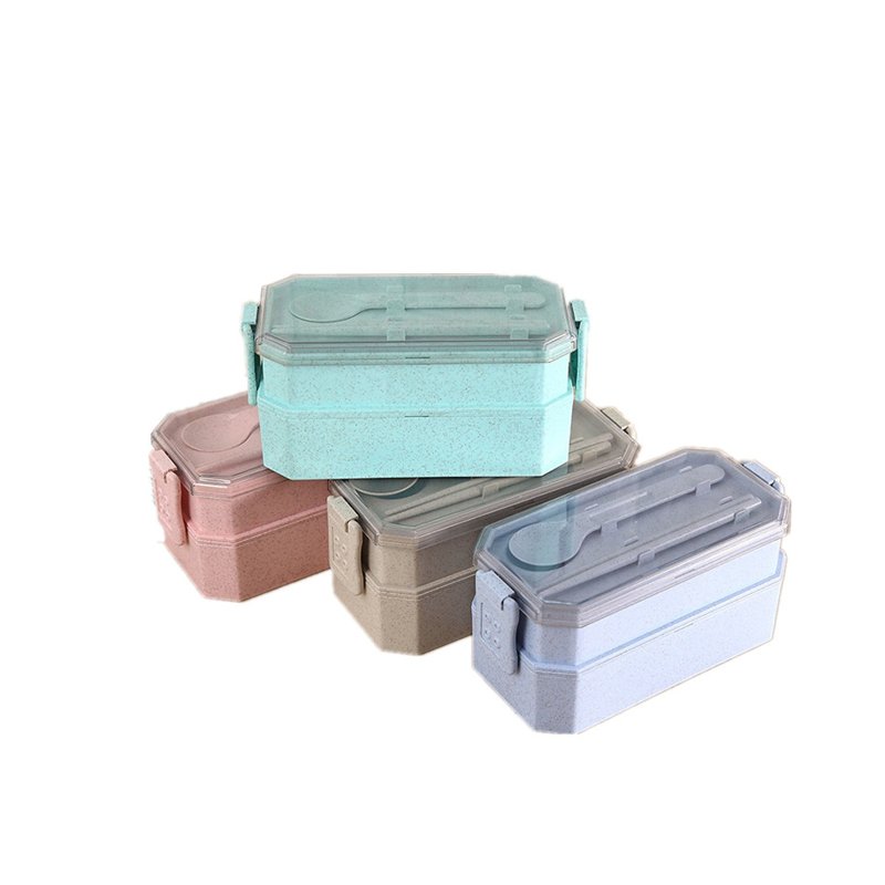 2-Layer Microwavable PP Bento Lunch Box Wheat Straw Plastic Sushi Container with Spoon and Chopsticks for Food Storage Carry