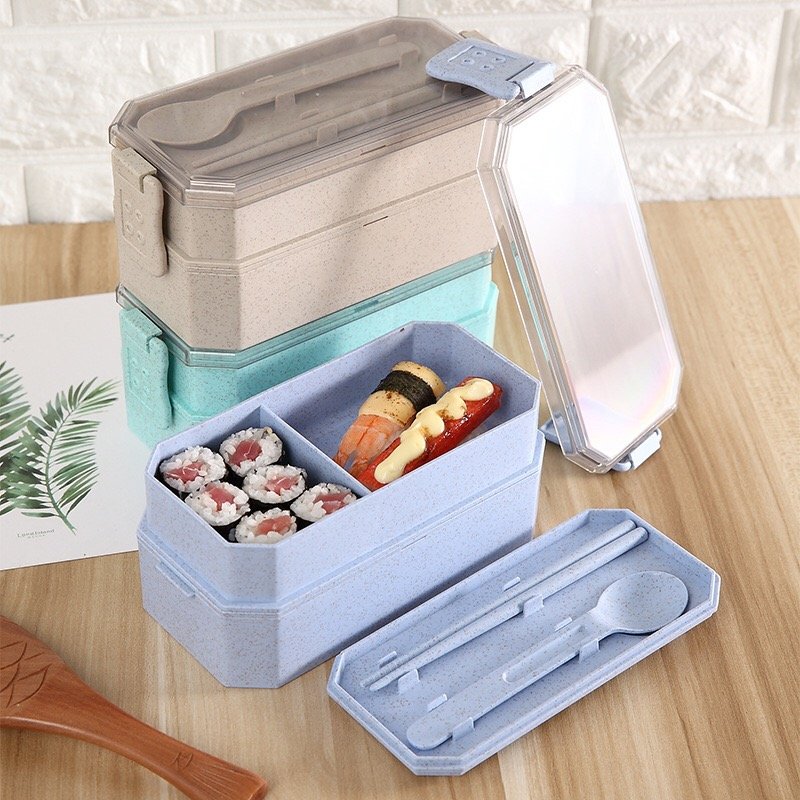 2-Layer Microwavable PP Bento Lunch Box Wheat Straw Plastic Sushi Container with Spoon and Chopsticks for Food Storage Carry