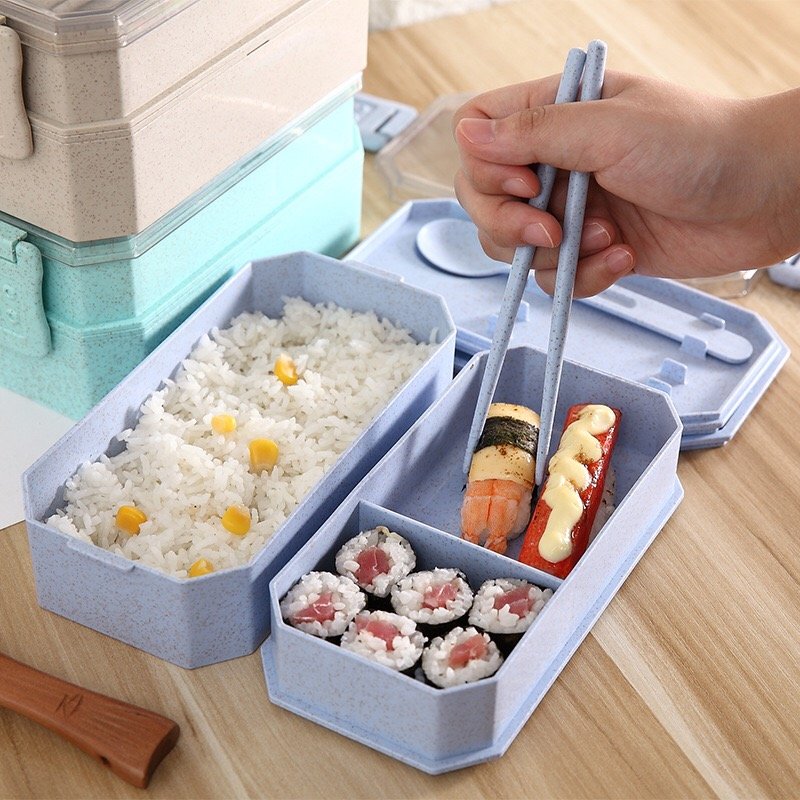 2-Layer Microwavable PP Bento Lunch Box Wheat Straw Plastic Sushi Container with Spoon and Chopsticks for Food Storage Carry