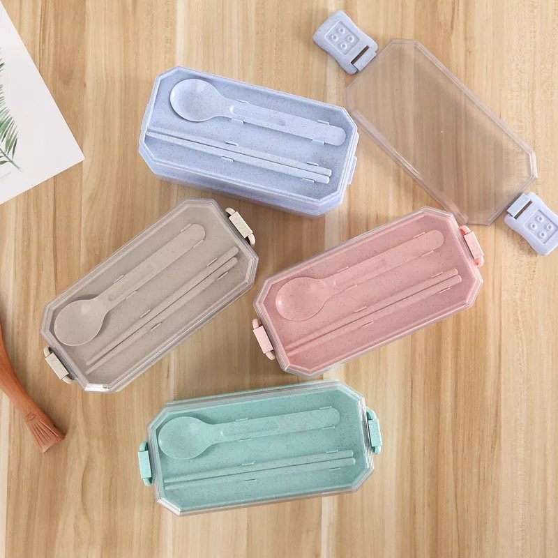 2-Layer Microwavable PP Bento Lunch Box Wheat Straw Plastic Sushi Container with Spoon and Chopsticks for Food Storage Carry