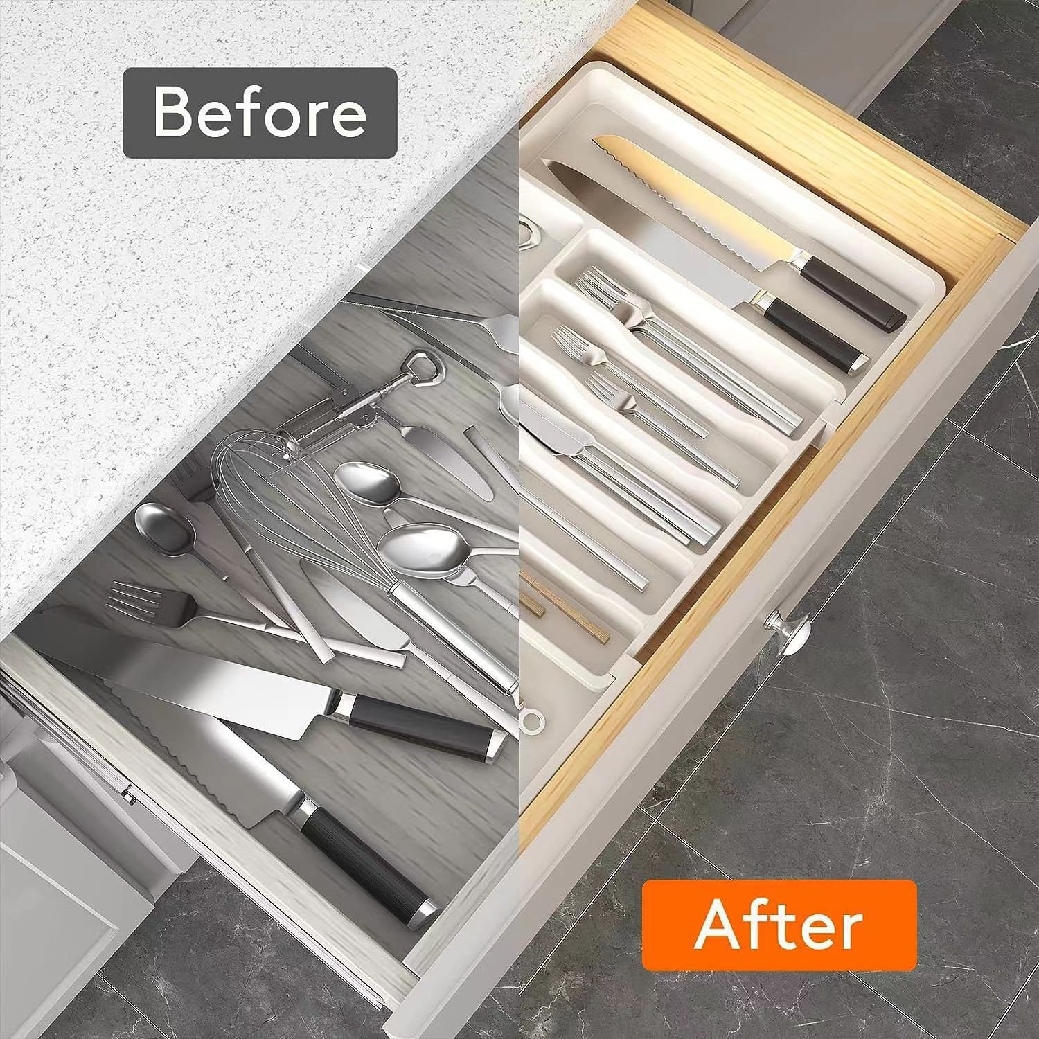 Expandable Cutlery Tray Drawer Storage Knife Fork and Chopsticks Plastic Storage Box Tableware Organizer with 8 compartments