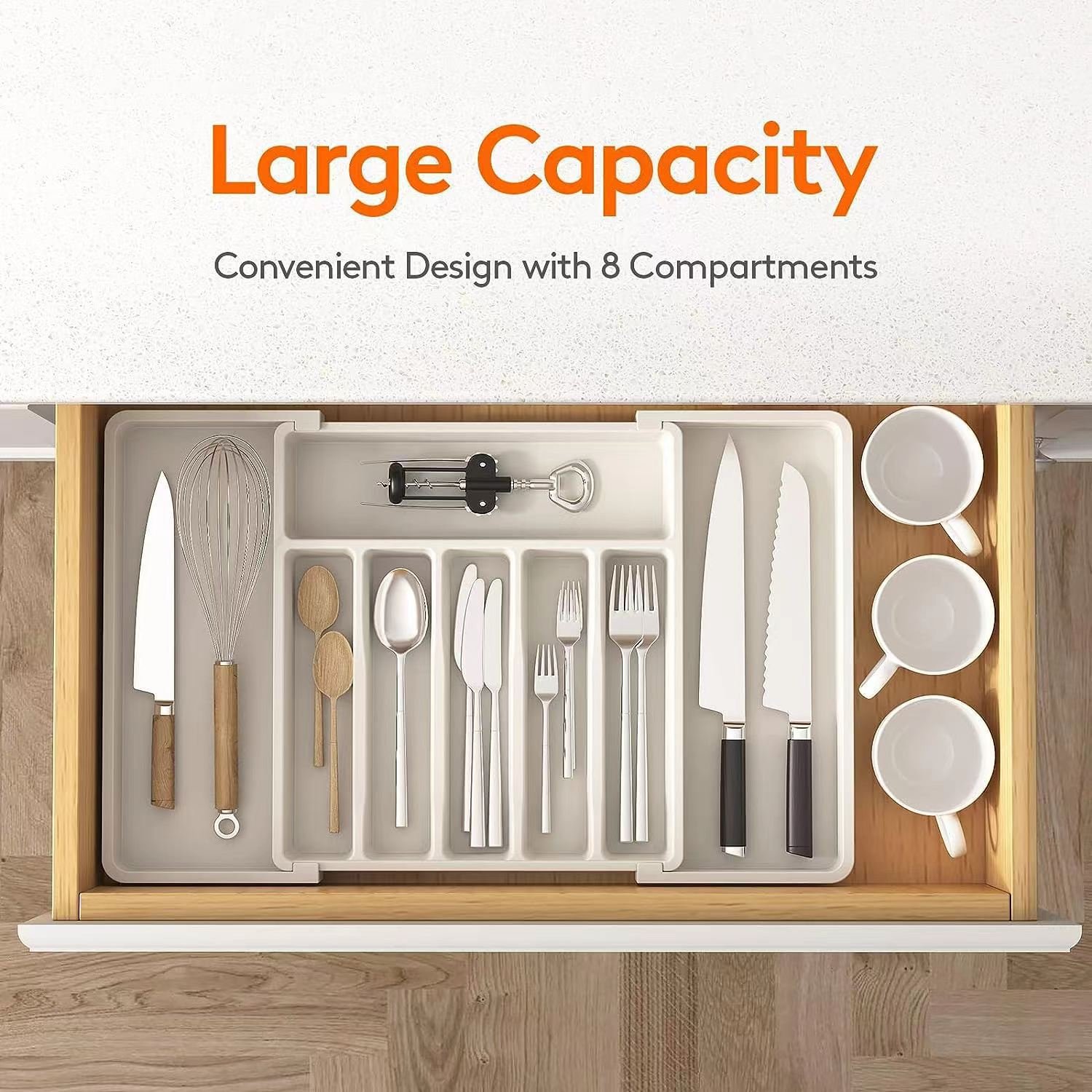 Expandable Cutlery Tray Drawer Storage Knife Fork and Chopsticks Plastic Storage Box Tableware Organizer with 8 compartments