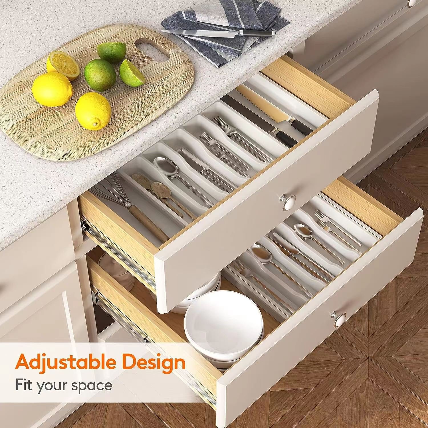Expandable Cutlery Tray Drawer Storage Knife Fork and Chopsticks Plastic Storage Box Tableware Organizer with 8 compartments