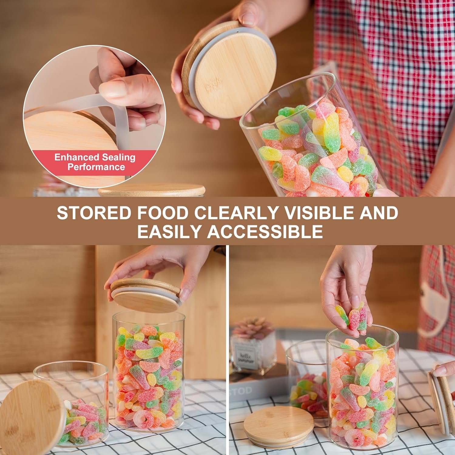 Wholesale Kitchen Borosilicate Glass Airtight Food Storage Container with Bamboo Wood Lid Round Clear Glass Jar Pantry Organizer