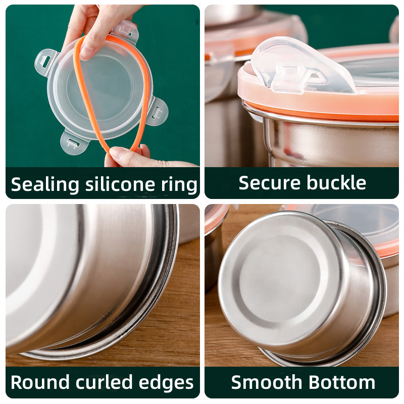 High Quality Wholesale Korean 4Pcs 350ML 550ML 304 Stainless Steel Food Storage Container Metal Bento Round Lunch Box
