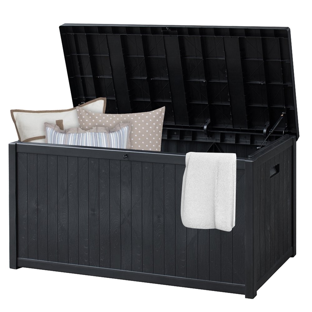 PP Wooden Style Black Plastic Waterproof Outdoor Storage Box 120 Gallon Patio Garden