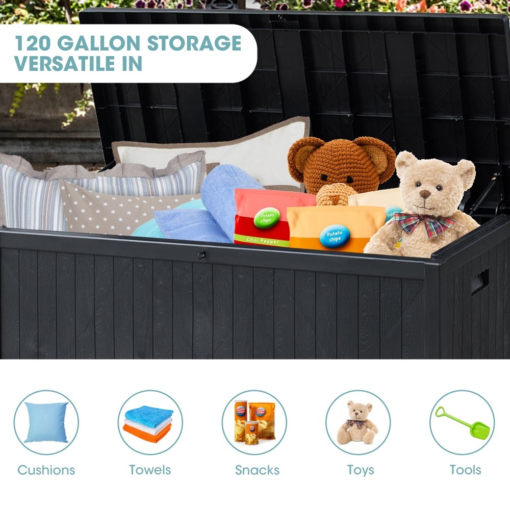 PP Wooden Style Black Plastic Waterproof Outdoor Storage Box 120 Gallon Patio Garden