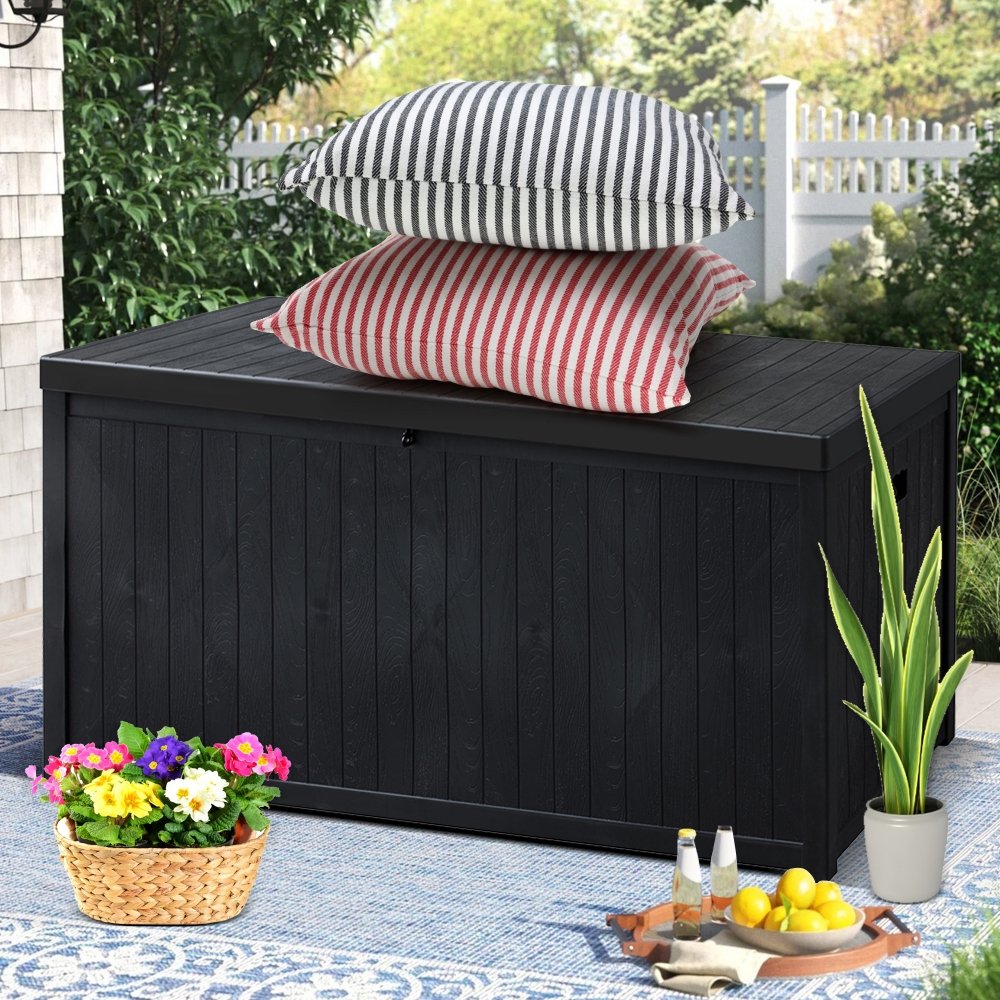 PP Wooden Style Black Plastic Waterproof Outdoor Storage Box 120 Gallon Patio Garden