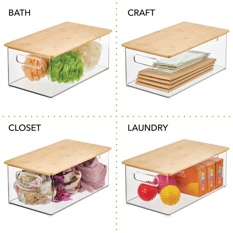 Plastic Storage Container with Bamboo Lid Refrigerator Organizer Bins Storage Bins with Lid Storage Containers for Organizer