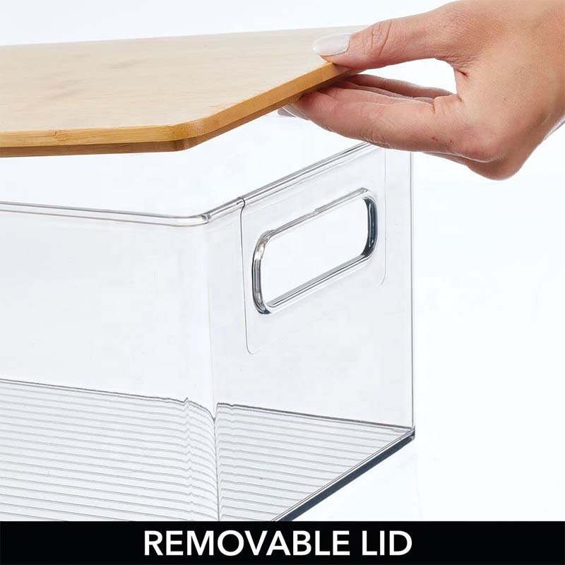 Plastic Storage Container with Bamboo Lid Refrigerator Organizer Bins Storage Bins with Lid Storage Containers for Organizer