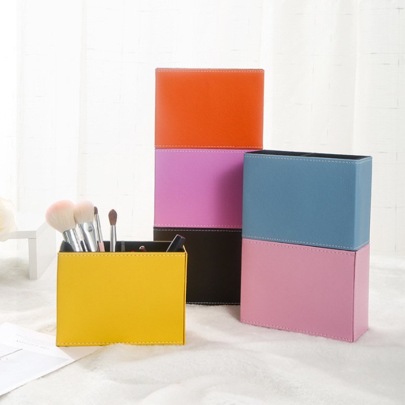 Double Grid Square Storage Box PU Leather with Aluminum Metal Solid Color for Stationery Cosmetics Brush Remote Control LG-B075