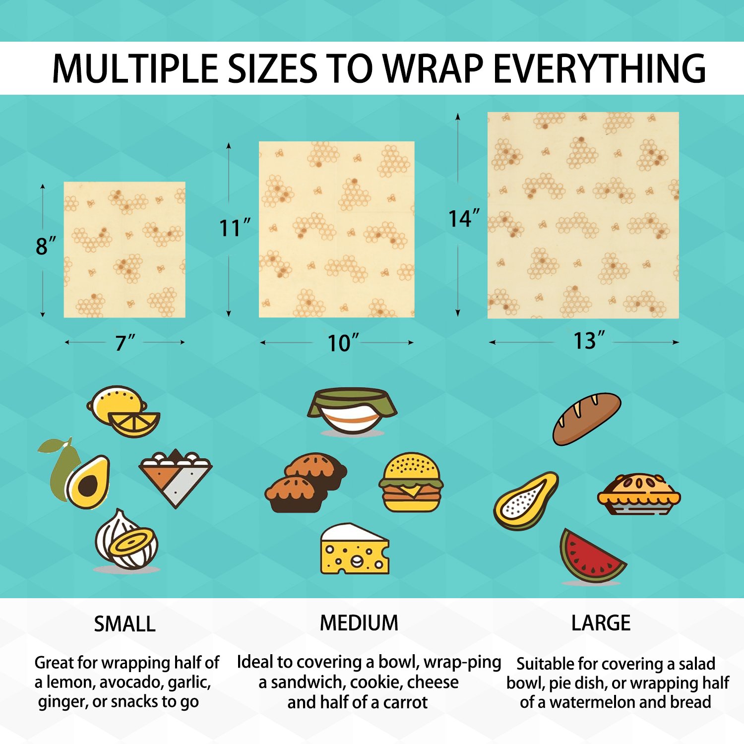 1S 1M 1L Assorted 3pcs honeycomb Reusable Beeswax Food Wraps Sustainable Food Storage Containers, Organic Cotton Food Wraps