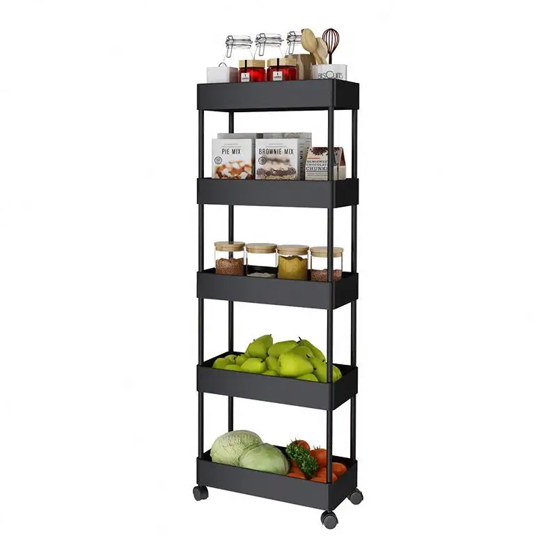 Wholesale Low Price Kitchen Vegetable Fruit Sundries Storage Shelf With Handle ABS Floor Storage Basket Trolley Cart With Wheels