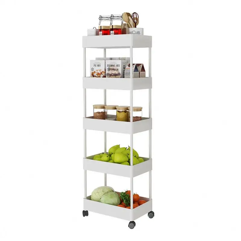 Wholesale Low Price Kitchen Vegetable Fruit Sundries Storage Shelf With Handle ABS Floor Storage Basket Trolley Cart With Wheels
