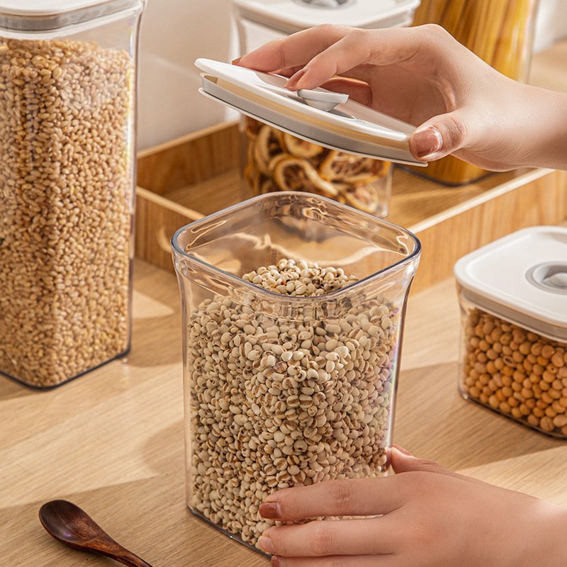 High Quality Hot Sale Cereal Storage Box Square PET Press Type Simple Air Vacuum Sealed Kitchen Noodle Box